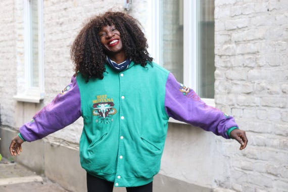 Vintage Varsity Jacket 90s Green Purple Eagle Embroidered 