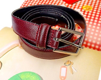 90s Red Leather Belt| Minimalist Vintage Waist Belt with Silver-toned Hardware| Classic Women's Belt