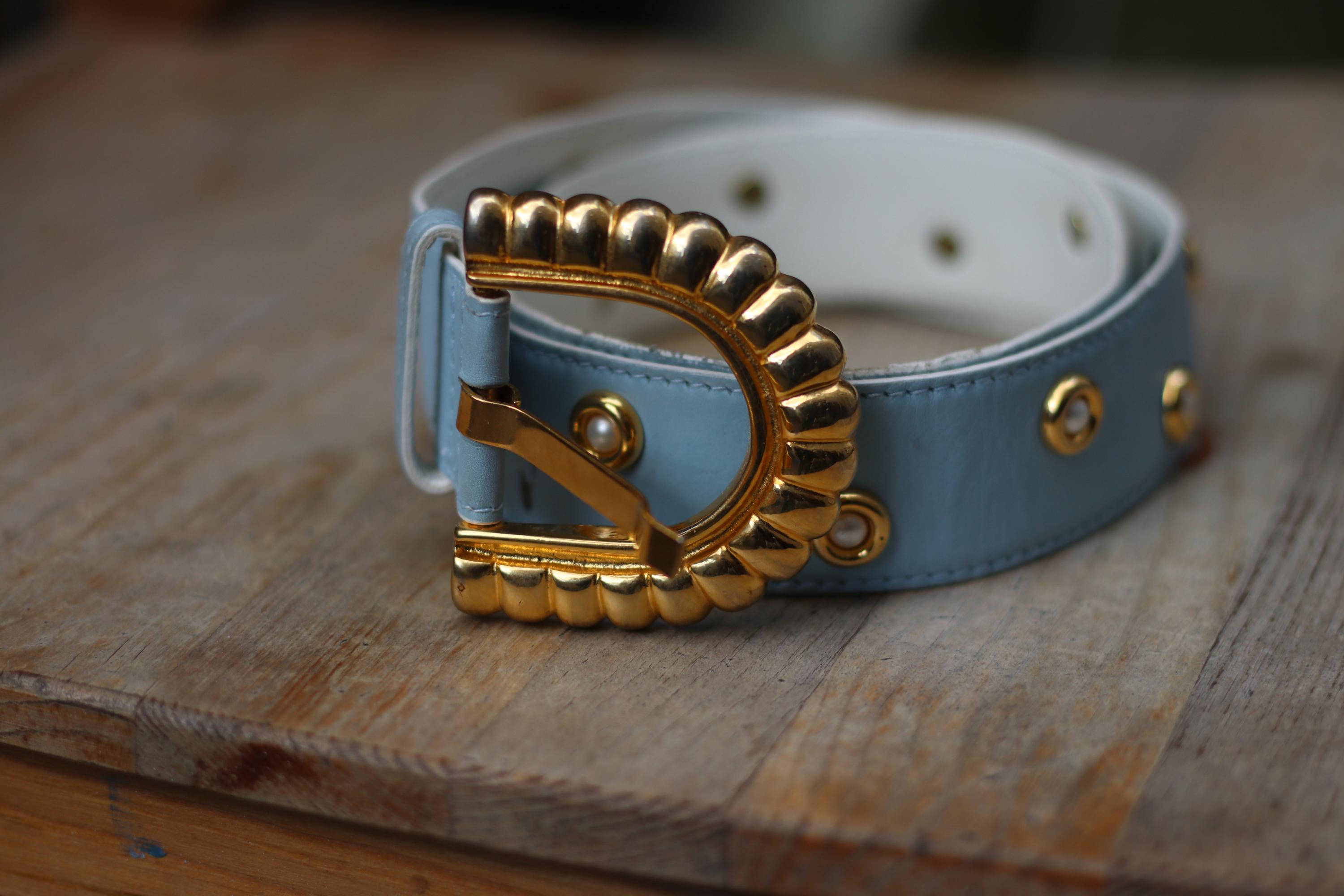 Vintage Escada Belt: 80s Light Blue Leather, Pearl Studded 