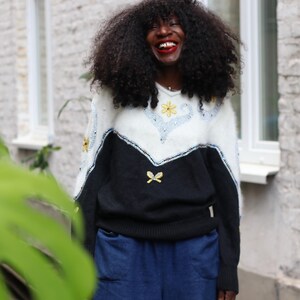 Vintage 80s Black & White Floral Embroidered Sweater, Sequin Detail V-Neck, Glam Cottagecore Statement Knit