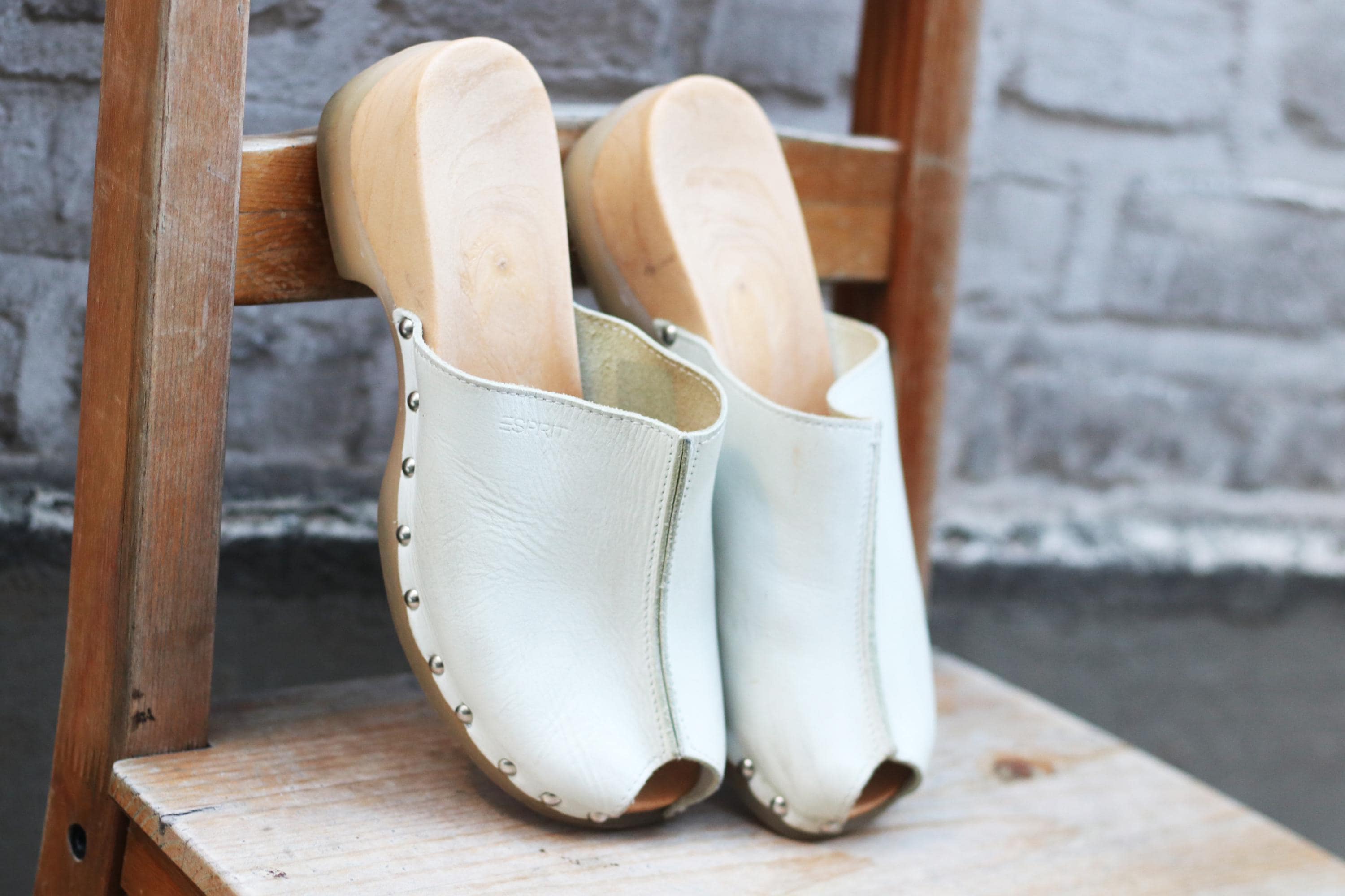 90s Esprit White Leather Clogs| Vintage Minimalist Wood and