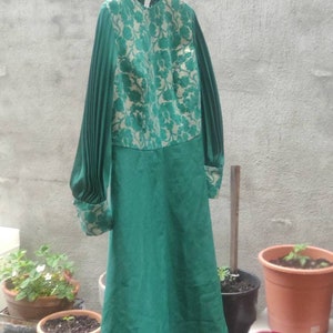 70s Festive Dress Vintage Green Dress With Floral Overlay and Pleated Arms image 4