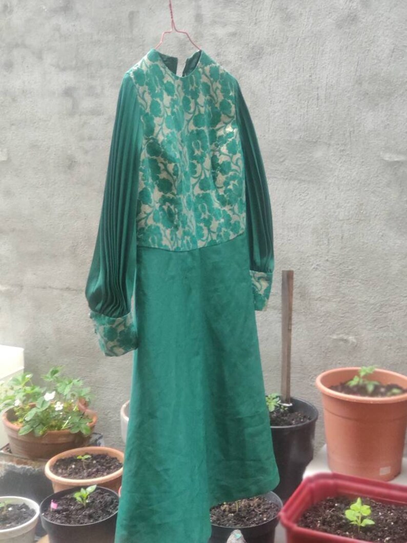 70s Festive Dress Vintage Green Dress With Floral Overlay and Pleated Arms image 4