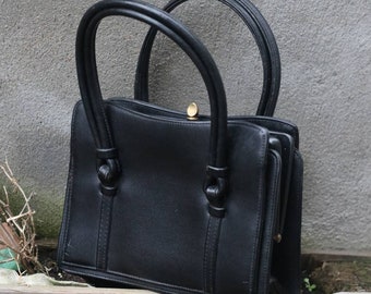 70s purse bag| Vintage grandma style top handle handbag| Black leather mini bag lady like chic