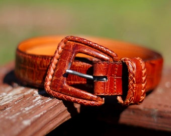 90s Brown Belt | Women's Vintage boho chic belt with Statement Buckle|