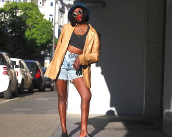 Vintage Leather Blazer Tan Brown Oversized Leather Jacket 90s Minimalist Coat