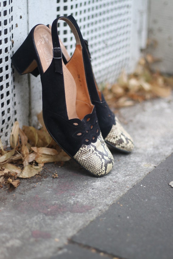 Vintage 80s Suede Black and Brown Slingback heels 