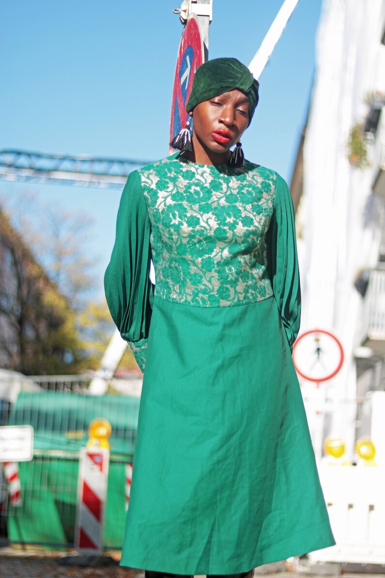 70s Festive Dress Vintage Green Dress With Floral Overlay and Pleated Arms image 1