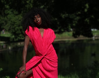 90s Pink Pleated Dress| Women&#39;s Vintage Glamorous Midi Dress| Sexy Feminine Dress