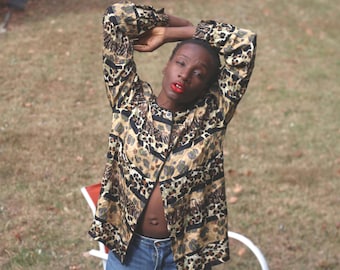 Chemisier vintage Corey B 100 % soie à imprimé léopard des années 90, imprimé animal, taille 10