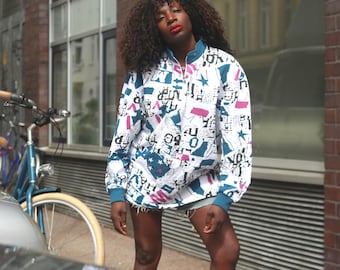 90s Vintage Abstract Graphic Sweatshirt Quarter Zip Teal Pink Newspaper Print