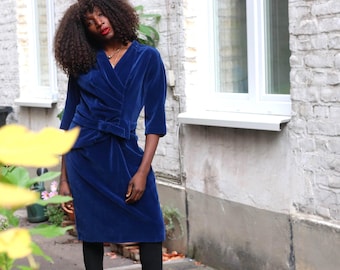 Abito vintage in velluto fatto a mano, blu navy, taglia XS/S, abito midi DE34