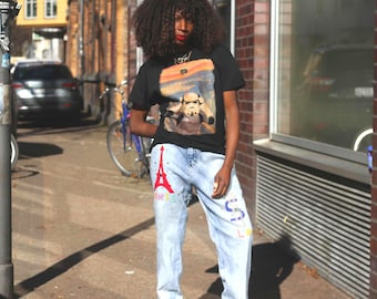 Vintage Custom Paris Denim Jeans Light Wash Hoch taillierte Art Pop Graphic Pants