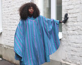 Vintage irländsk ullblandad kappa Walbusch-rutig poncho blågrön lila stickad