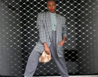 Ganni Versace Checkered Blazer| Vintage Plaid Grey Designer Blazer | Geometric Women's Woolen Suit Jacket