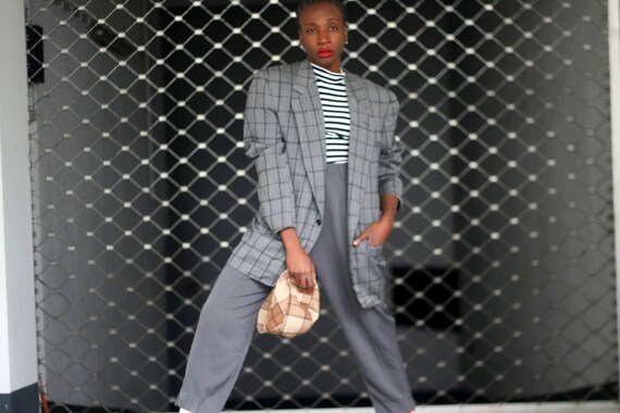 Ganni Versace Checkered Blazer Vintage Plaid Grey Designer Blazer Geometric Women s Woolen Suit Jacket Etsy Canada