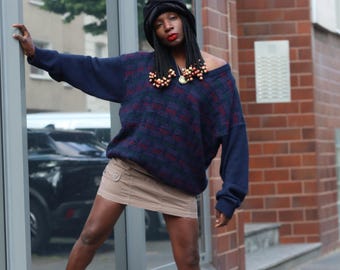 Maglione vintage anni '90 oversize lavorato a maglia fantasia pullover nonno blu rosso astratto L