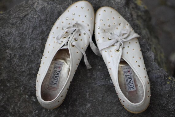 Mariagrazia Ripari Vintage Shoes 80s White Leather Studded Rhinestone Sneakers