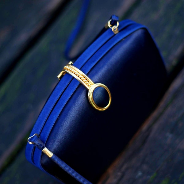 70s Opulent Handbag| Vintage Evening Bag with Gild-colored Details| Blue Evening Bag