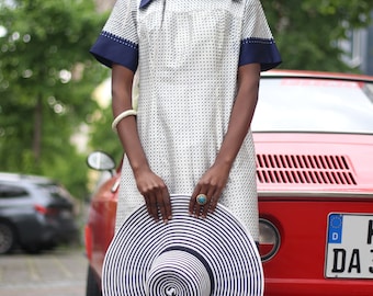 Robe faite main à col rayé et à pois vintage en bleu et blanc Taille Small