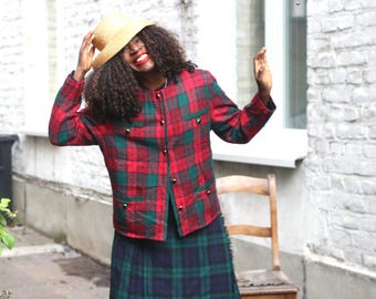 Vintage Plaid Wool Jacket Red Green Tartan Blazer Collarless Bouclé Style