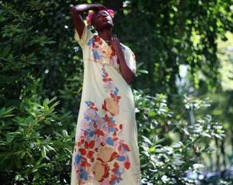 70s Yellow Maxi Dress| Women's Vintage Bohemian Summer floral print dress| Romantic sheer dress with feminine details.