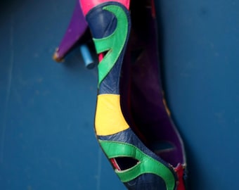 Vintage Beverly Feldman Leather Stiletto Pumps: 80s Multicolor Heels (EU 38)