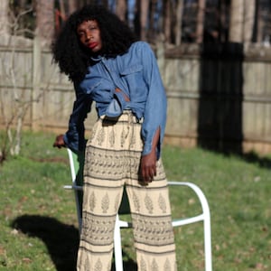 90s Boho Elastic Waist Pants | Vintage High-Waisted Wide-Leg Tribal Print Trousers | Relaxed Fit Retro Lounge Pants