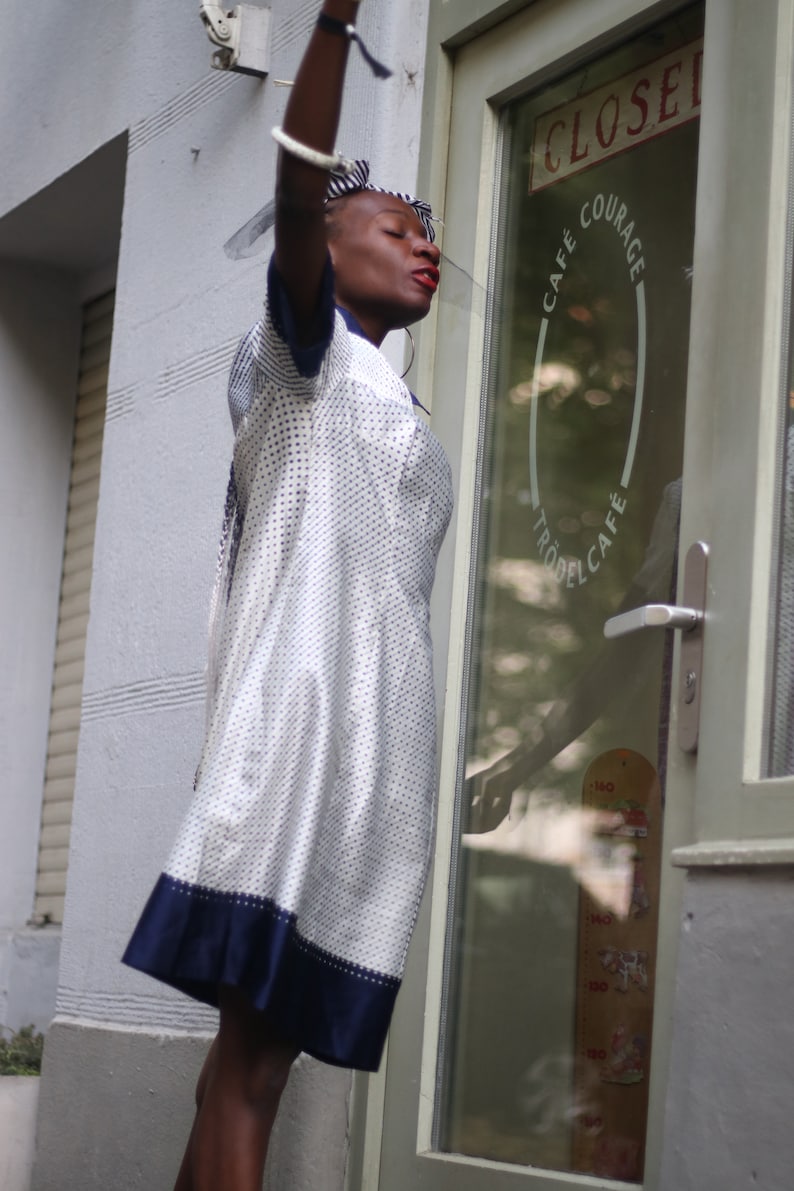 Vintage Striped and Polka Dottted Collared Handmade Dress in Blue and White Size Small image 7