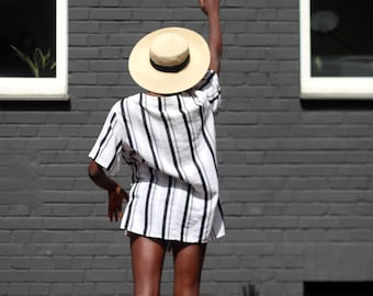 90s Striped linen blend top| Vintage Monochrome summer collarless shirt| Black and white oversized piece