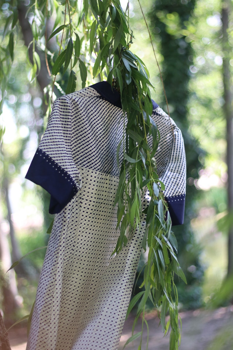 Vintage Striped and Polka Dottted Collared Handmade Dress in Blue and White Size Small image 10