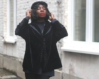 Vintage Black Velvet Jacket Puff Shoulder 1940s Style Evening Blazer Loop Button