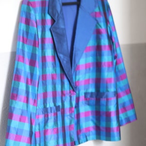 80er Jahre Karierter Blazer Vintage Maximalist Damen Blazer Blau und Lila Workwear Jacke Bild 2