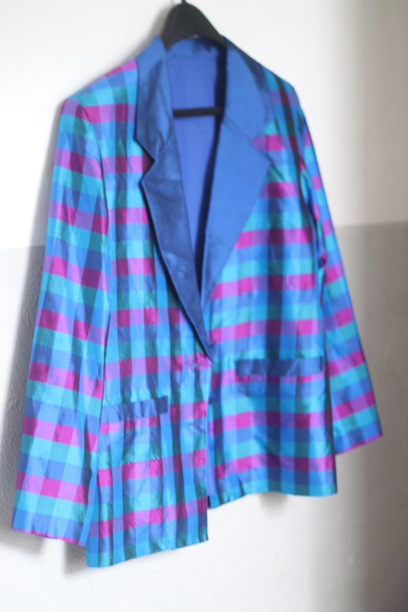 80er Jahre Karierter Blazer Vintage Maximalist Damen Blazer Blau und Lila Workwear Jacke Bild 2