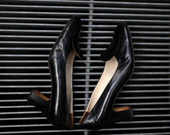 60s black leather pumps| Vintage chic high heels| Sleek glamourous shoes