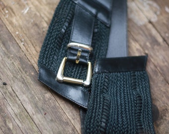 70s leather and fabric waist belt| Vintage minimalist belt in black