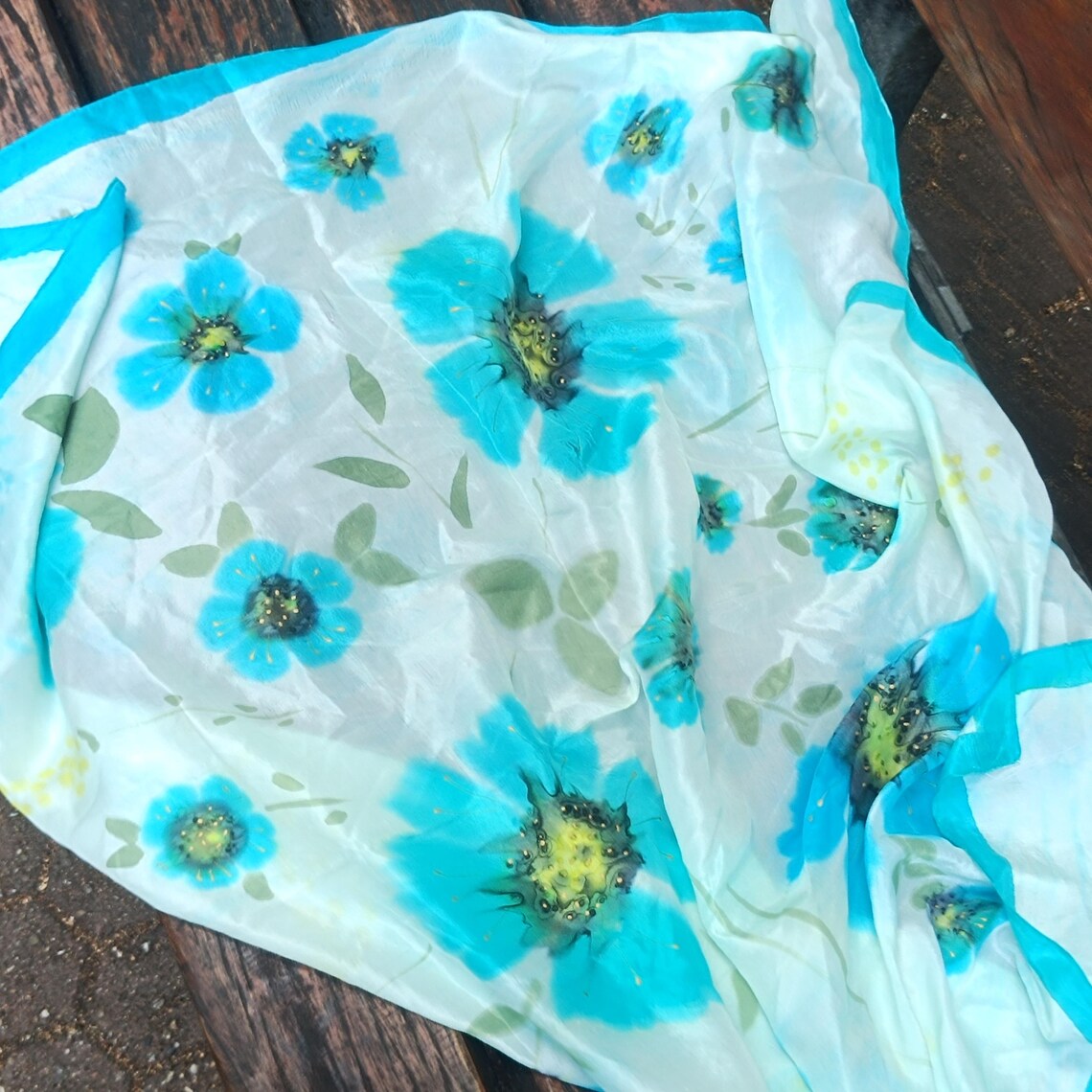 Vintage Hand Painted Silk Scarf - 90s Turquoise Floral Shawl, foto 4 di 5