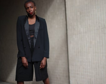 90s Parigi Satin Silk Trim Blazer| Women's Vintage Black Chic Blazer| Minimalist Evening Jacket