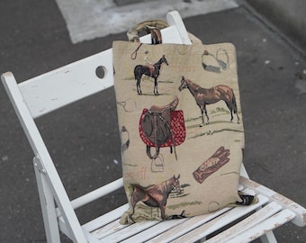 Vintage Equestrian Tapestry Tote Bag Horse Print Gobelin Style Shoulder Bag Tan