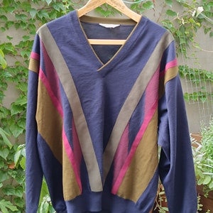 90s Masque sweater Vintage Striped hipster multicolored knit Unisex v neck long sleeved sporty wool pullover image 2
