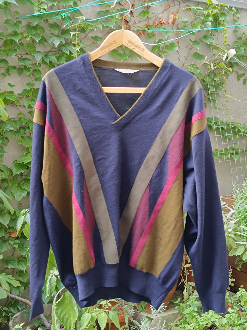 90s Masque sweater Vintage Striped hipster multicolored knit Unisex v neck long sleeved sporty wool pullover image 2