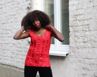Red Textured Top Sleeveless Crinkle Satin Blouse Ruby Red Ruched Tank Size