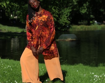 Vintage semi-transparante burn-out bloemenoranje blouse - overhemd met knoopsluiting van zijde-rayonmix