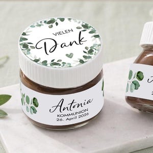 Mini pots de Nutella pour la Première Communion | Lot d'autocollants de remerciement personnalisés | MERCI, cadeau d'invité, eucalyptus | Mimi et Anton