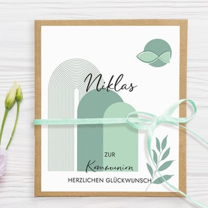 CADEAU EN ESPÈCES COMMUNION personnalisé | Carte élégante avec compartiment pour l'argent et espace pour les souhaits personnels | Motif arc-en-ciel à la menthe de Mimi et Anton