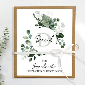 GELDGESCHENK JUGENDWEIHE personalisiert | Edle Karte mit Geldfach und Platz für persönliche Wünsche | Eukalyptus Greenery Mimi und Anton