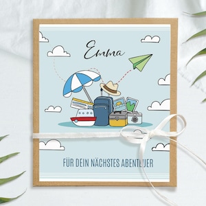 Cadeau personnalisé pour voyage | Carte élégante avec compartiment à billets et souhaits | Idée cadeau voyage, caisse de voyage de Mimi et Anton