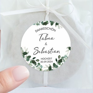HOCHZEIT DANKE Aufkleber personalisiert | 12x Dankeschön rund 5 cm | Hochzeit Dankeschön Sticker | Eukalyptus Mimi und Anton