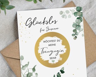 Personalisierte Rubbelkarte TRAUZEUGIN | Rubbellos Möchtest Du mein Team Bride sein | Glückslos Hochzeit im Design Eukalyptus Mimi und Anton