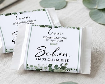 Ritter Sport Mini Banderole CONFIRMATION Sticker Personalized | Glad you're here, Party Favor | Eucalyptus | Mimi and Anton